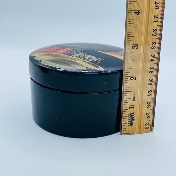 Vintage Black Laquered Japanese Hand Painted Mid-Century Coaster Lidded Set of 6 - Picture 7 of 9